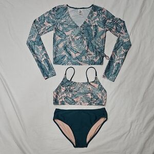 Art Class Sz 18 Swimwear 3-Pc Set Rashguard Green Tropical Leaf Pattern